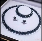 Hot Aaaa  9-10mm Natural Tahitian Black Pearl Necklace Bracelet Earring Set 14kp
