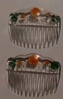 Vintage 2  Lucite Hair Side Combs Hand Painted Carved Floral  Made In France 