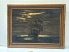 Antique Nautical Painting Nocturnal Night Seascape Boat Ship Providence Green