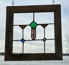 Mission Style Framed Stained Glass Window Green rusty Rose brown blue Design