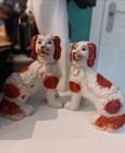 Pair Victorian Staffordshire Spaniel Dogs Split Leg Red   White Mantel Ornaments