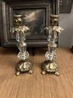 Pair Antique Hollywood Regency Style Ornate Gold Cast Brass  Candlestick Holders