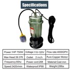 110v Sewage Submersible Pump 1hp 750w Cast Iron Sump Pump 4000gph 26ft Cord
