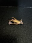 Vintage Figural Hand Brooch Holding Flower Gold Tone Rhinestone Floral Pink