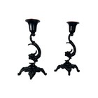 Vintage Gothic Cast Iron Black Enamel Dragon Candlestick Holders
