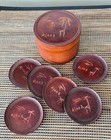 Vtg Hawaiiana Aloha Souvenir - Set Of 6 Wood Tiki Coasters W round Lidded Caddy
