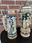 Pair Of Large Vintage German Beer Stein Mugs  15      Hand Painted Raised Detail