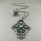 Vintage Avon Necklace Ring Set Mirabella Blue Stone Hematite 1974 Silver Tone 24