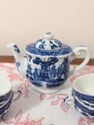 Vintage Child s Blue   White Tea Set Made In Japan Teapot 4 Cups