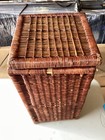 Vtg  Upright Woven Wicker Rattan Basket 20 5    T 10 25    X10 25    Handle Holes