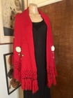 Red Crocheted Mexican Bohemian White Rose Fringe Shawl Wrap Size L