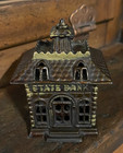 Antique Cast Iron Coin Bank State Bank  Building - Original Paint