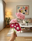 Handmade Crochet Pink Flowers Bouquet   Knitted Floral Decor Gift