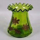 Vintage Antique Hand Blown Hand Painted Green Glass Crimped Top Vase