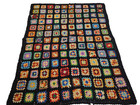 Vintage Roseanne Granny Square Cutter Afghan Crochet Throw Blanket Black 66x52