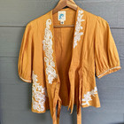 Anthropologie Brown Floral Embroidered Wrap Blouse V-neck Puff Short Sleeve 8 