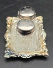 Mini Salt   Pepper Shaker W  Silver Plated Tray Vtg