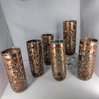 Vtg Mexico Bratalist Metal Copper Overlay Caged Glass Set Of 6 Glasses