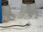 Vintage Brass Double Pendant Light Pair Frosted Glass Shades Hanging Lamps Mcm