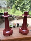 Pair Of Vintage Mid-century Modern Ribbed Burgundy Ceramic Candlestick Holders
