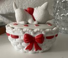Reduced Again   Vtg Lefton Porcelain Kitten In A Basket Covered Box W  Candle