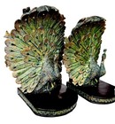 Art Deco Style Peacock Bookends Faux Bronze Teal Green Resin Ornate Pair Vtg
