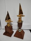 2 Vintage  Sailing Trophy Walnut Wood Base Nautical Decor Brass Gold Tone Ship 