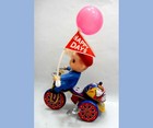 Antique Key Wind Tin Litho Toy boy On Tricycle W balloon Korea Mtu Works Great 
