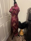 Women   s Burgundy Floral Satin Cheong-sam Qipao Dress Mandarin Collar Slit