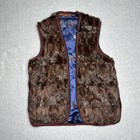 Vintage Reversible Brown Rabbit Fur Blue Patterned Chinese Silk Vest Size S-m