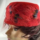 Vtg 1950 s Womens Hat Junior B Red With Feathers Netted Made In Italy