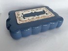 Vintage Dusty Blue Plastic Makeup Storage Box With Scrollwork