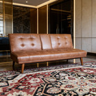 Mid-century Modern Futon Sofa Bed Faux Leather Couch Convertible W 2 Cup Holders