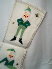 Vintage Christmas Felt Stocking White Green With Elves Elf Pixie Foil Stars