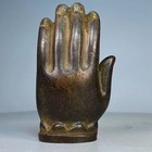 Authentic Bronze Palm - Buddha Head Ancient Chinese Artifact Tibet 19th Century