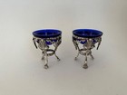 Antique Pair Victorian Tall Open Salt Sterling Silver Cobalt Blue Glass Insert