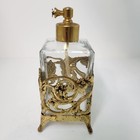 Vintage Perfume Bottle Clear Glass Gold Tone Ornate Metal Stand Atomizer