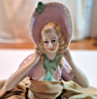 Antique Vintage Porcelain Half Doll Pin Cushion Green  Pink Read