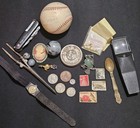 Vintage Junk Drawer Lot  Coins  Swiss Knife  Swarovski  Autographed Baseball   