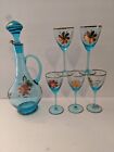 Vtg 1950s Aqua Blue   24k Gold Hand Blown Decanter   5 Cordial Glasses Rare Mcm
