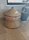 Antique Large Woven Basket With Lid Reversible Pointed Coil Cone Leather Piping