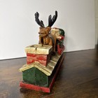 Vtg Cast Iron Mechanical Coin Bank Happy Holiday  Santa Sleigh Reindeer  Works