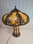 Antique  Art Nouveau   Slag Glass Lamp With Rare Lighted Base Oversized Green