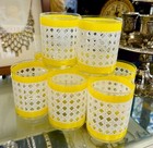Set Of 8 Vintage Mcm  Lowball Rocks Glass Set Yellow White Hexagon Weave