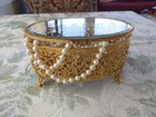 Vintage Footed Gold Filigree Ormolu Jewelry Casket Beveled Glass Top Pp37