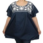 Navy Blue Peasant Puebla Hand Embroidered Mexican Blouse Top Small