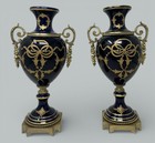 Antique Pair Cobalt Blue French S  vres Porcelain Ormolu Urns Vases Garnitures