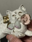 Vtg White   Gold Porcelain Kitty Cat Figurine Pink Flower 4 5   