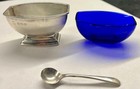 Antique Art Deco Charles Packer   Co Sterling Silver Salt Cellar   Spoon Cobalt