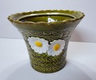 Vintage Mcm Avocado Green   Daisy Flowers Flower Planter Pot Basketweave Pottery
